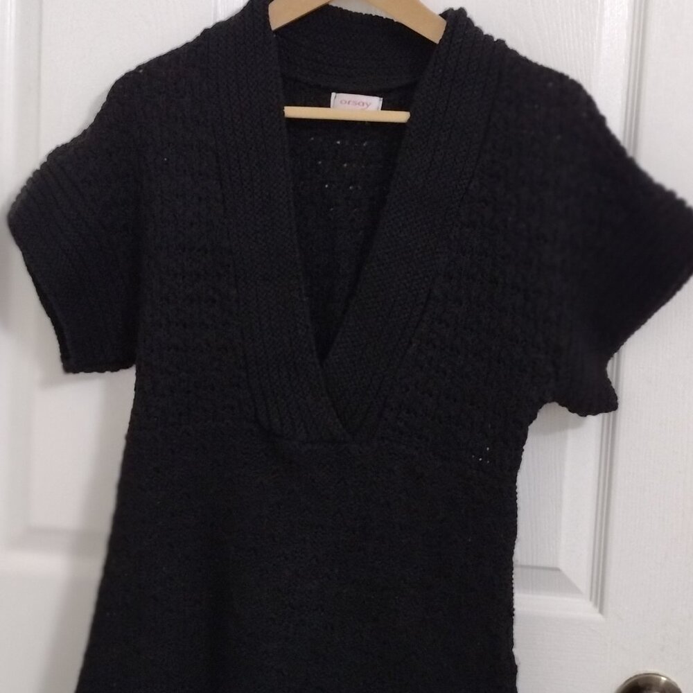 Orsay Black Knit Sweater Top Large V-Neck Short Sleeve Textured Soft Cozy - Picture 4 of 9